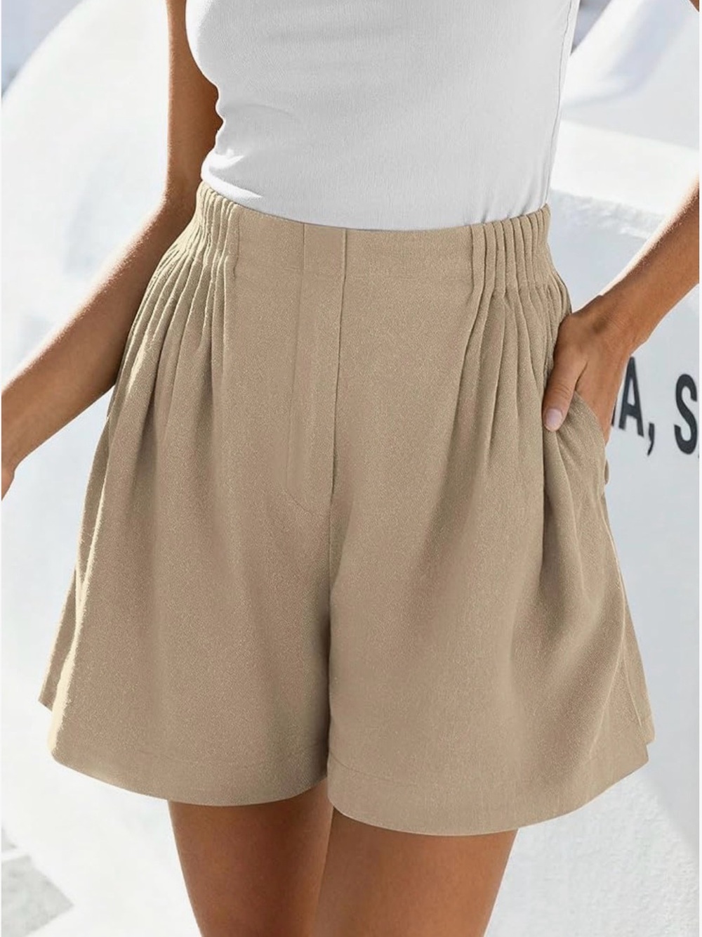 High-Waist Pleated Women’s Shorts in Beige